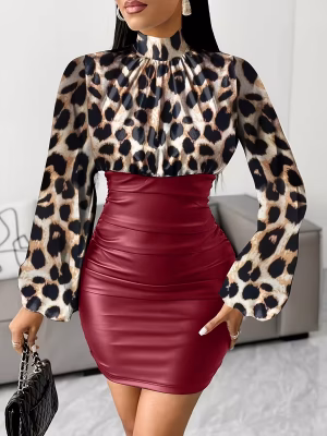 Full-Length Mini Dress Businesswomen Elegant with Zipper Back, Stand Collar & Pencil -Wedding Party Attire, Machine Washable Dress for Year-Round Wear – Red, 2XL