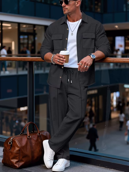 Men Two-Piece Shirt and Pants Clothing Set Spring and Autumn Men’s Long-Sleeved Pants with A Sense of Luxury and Retro Temperament Featuring Lapel Pockets and Button Long Sleeved Jackets and Versatile Casual Pants Men’s Two-Piece Clothing Set – Black, 3XL