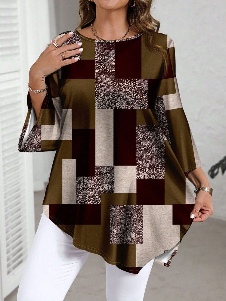 Checkered Print Curve Blouse Short Sleeve Round Neck Casual