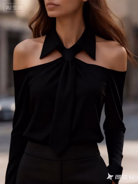 Elegant Off-Shoulder Blouse Shirt Strapless Design with Tie-Neck Detail, Structured Collar, Long Sleeve, All-Season Professional Attire – Black, 2XL