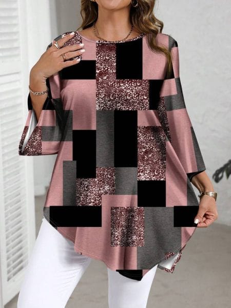 Checkered Print Curve Blouse Short Sleeve Round Neck Casual