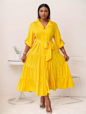 Solid Color Polo Maxi Dress with Belt Plus Size