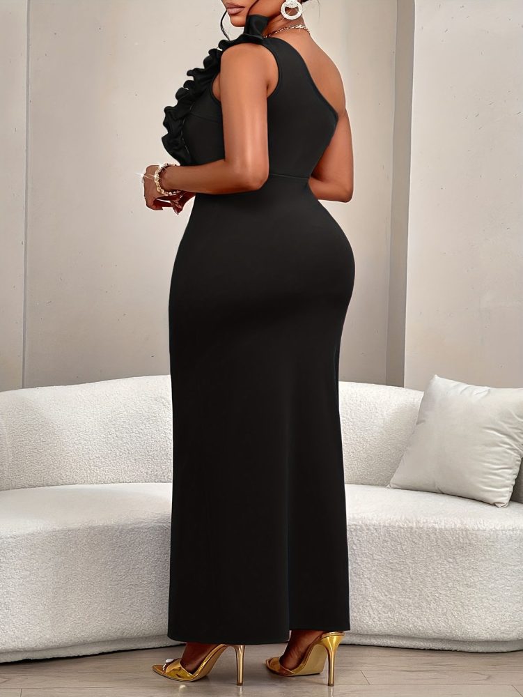 Maxi Dress One-Shoulder Ruffle Detail Sleeveless Elegant