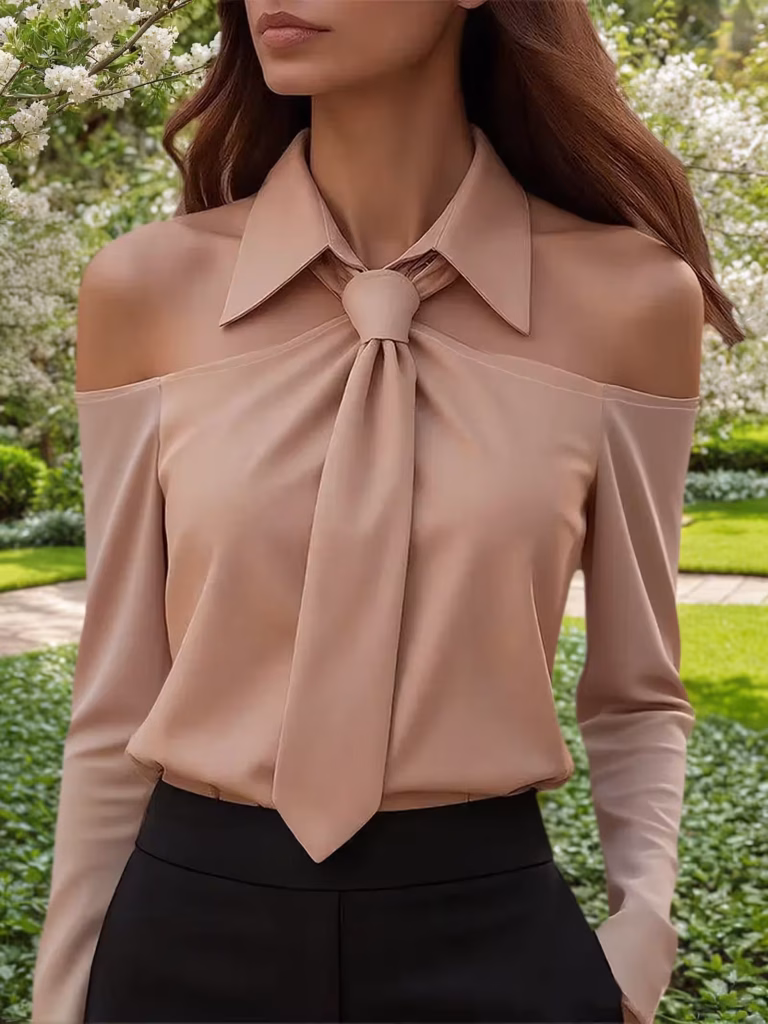 Elegant Off-Shoulder Blouse Shirt Strapless Design with Tie-Neck Detail, Structured Collar, Long Sleeve, All-Season Professional Attire – Apricot, 2XL