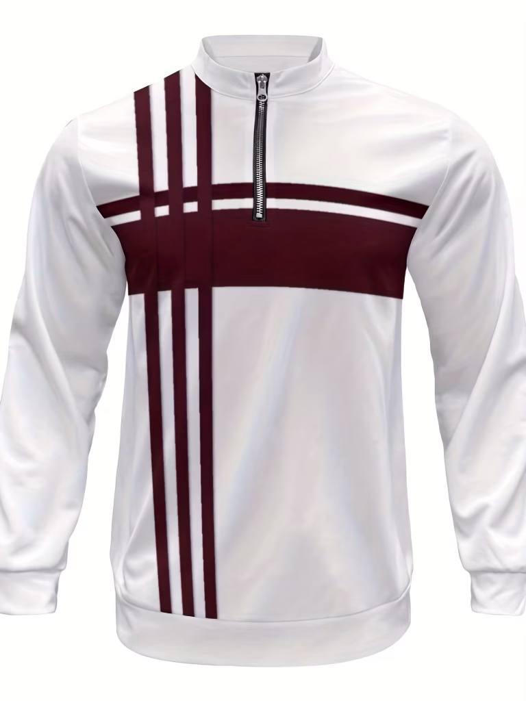 Casual Sports 2/Pcs Set Suit 2025 Autumn New Minimalist Rose Red Striped Splicing Pattern Men’S, Featuring a Stylish Half-Zip Long Sleeve T-Shirt and Comfortable Long Pants, Suitable for Daily Wear, Sports, And Walking.