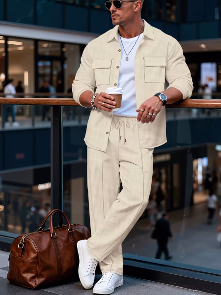 Men Two-Piece Shirt and Pants Clothing Set Spring and Autumn Men’s Long-Sleeved Pants with A Sense of Luxury and Retro Temperament Featuring Lapel Pockets and Button Long Sleeved Jackets and Versatile Casual Pants Men’s Two-Piece Clothing Set – Apricot, 3XL