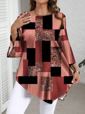 Checkered Print Curve Blouse Short Sleeve Round Neck Casual