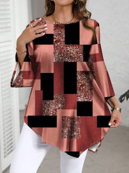 Checkered Print Curve Blouse Short Sleeve Round Neck Casual