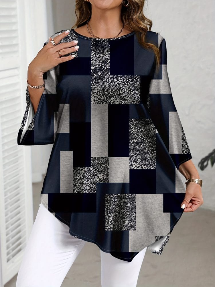 Checkered Print Curve Blouse Short Sleeve Round Neck Casual