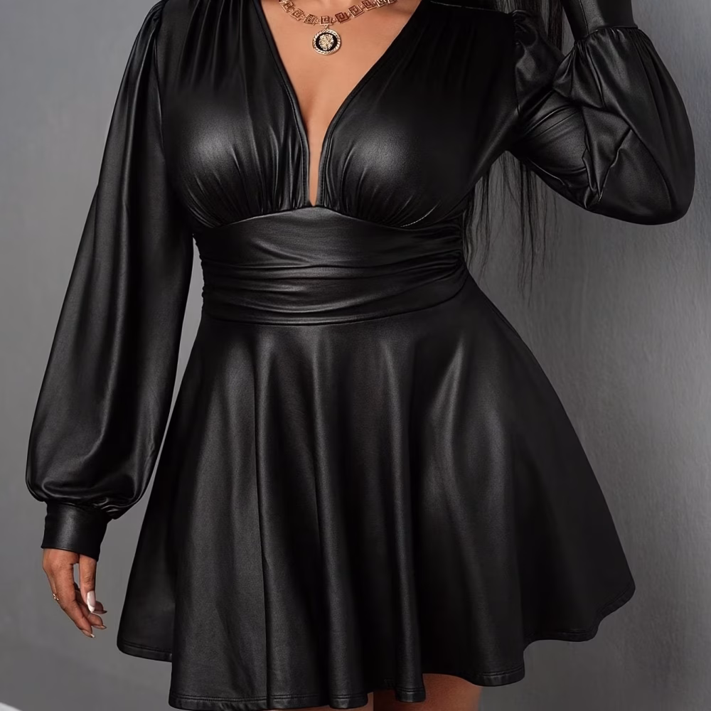 V-Neck Lantern Mini Dress Sleeve A-Line Skirt Plus Size Women Elegant | Stretchy Fitted Party Dress with Belt, Long Sleeves & Deep Side Pockets for Casual to Formal Events, Versatile Fashion, Sophisticated Style, Smooth Texture – 3XL
