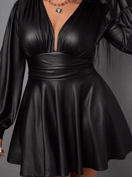 V-Neck Lantern Mini Dress Sleeve A-Line Skirt Plus Size Women Elegant | Stretchy Fitted Party Dress with Belt, Long Sleeves & Deep Side Pockets for Casual to Formal Events, Versatile Fashion, Sophisticated Style, Smooth Texture – 3XL