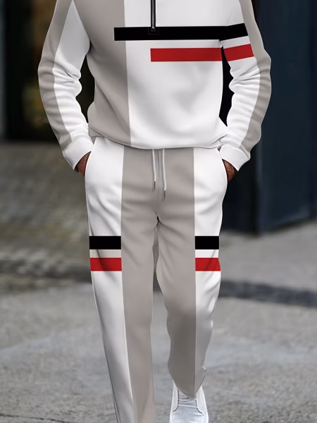 High-End Casual Pants Outfit Grey Geometric Patterned for Men, Featuring Long Sleeves and Long Pants, Perfect for Everyday Streetwear. – 3XL