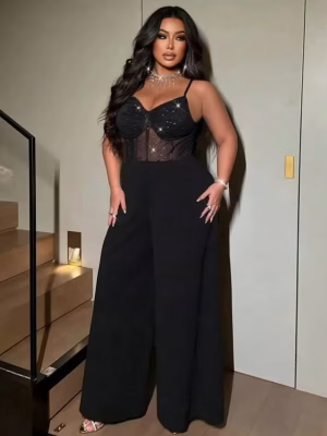 Sexy Party Halter Jumpsuit Sparkly Stretch Dazzling Mesh Wide‑Leg