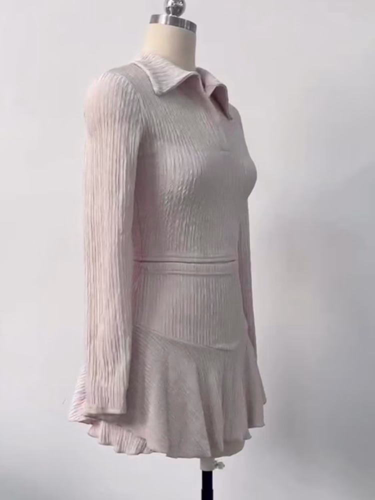 Elegant Beige Two‑Piece Set Long‑Sleeve Blouse & High‑Waisted Ruched Mini Skirt. A chic, coordinated look perfect for casual outings, weekend wear, and effortless everyday style