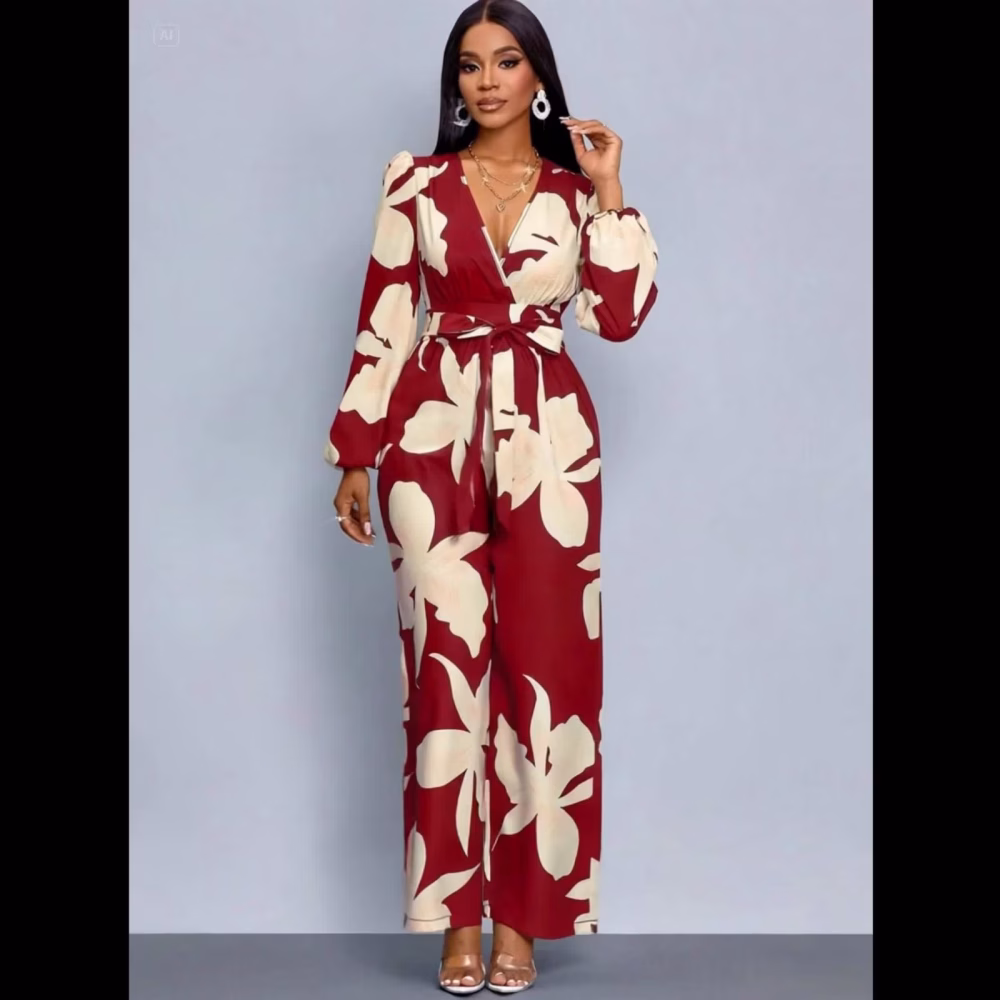 Floral Print Wide‑Leg Jumpsuit Elegant Women Red and White