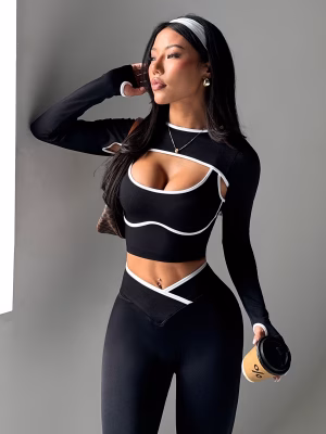 3-Piece Yoga Set with Alluring contrasting colors for women, featuring a vest, a pullover long-sleeved shawl and belt-cinching and hip-lifting long pants, is a exercise and fitness running set