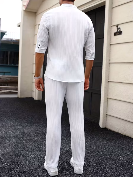 Monk Collar Shirt and Pants Set Short Sleeve Comfortable Men’s Solid Color Spring/Summer Casual, Sporty Casual Attire, Casual Summer Outfit, Shirt And Pants Combo, Solid Color Design, Minimalist Aesthetic, Structured Material, Non-Stretch Fabric, Summer Wardrobe Essential, Adult Male Clothing