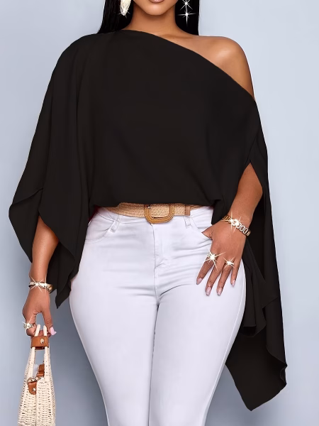 Fashionable Plus Size One‑Shoulder Blouse Featuring Cape Sleeve Detail and Asymmetrical Hemline