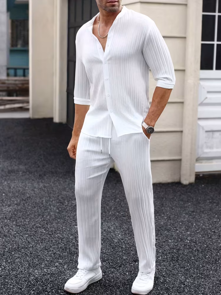 Monk Collar Shirt and Pants Set Short Sleeve Comfortable Men’s Solid Color Spring/Summer Casual, Sporty Casual Attire, Casual Summer Outfit, Shirt And Pants Combo, Solid Color Design, Minimalist Aesthetic, Structured Material, Non-Stretch Fabric, Summer Wardrobe Essential, Adult Male Clothing