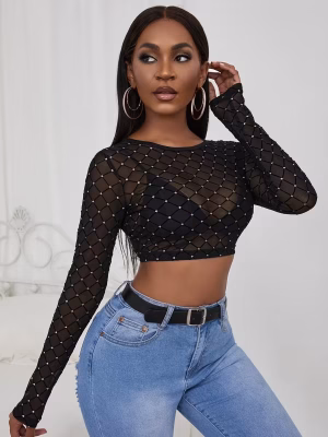 Semi‑Sheer Crop Top for Women Long Sleeve Black Mesh Crop with Rhinestones, Glittery Party Wear, Semi‑Sheer Polyester Fabric, Sexy Clubwear Top, Machine Washable & Perfect for Night Out or Festival Outfit