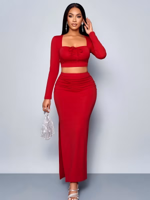 2/Pcs Set Top and Skirt for Women Sexy Elegant Two‑Piece with Square Neck, Long Sleeves & Front‑Tie Butterfly Dress, Ideal for Parties & Event