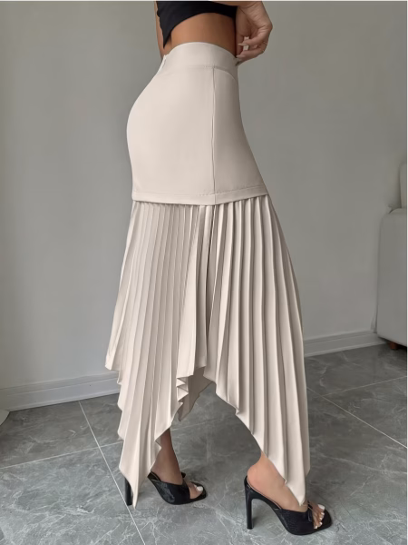 A Spring Season Maxi Skirt Captivating with an Asymmetrical Pleated Hem and Front Buttons, an Elegant Autumn Skirt with a Unique Button Closure and Pressed Pleats – Machine Washable for Casual and Formal Wear in Spring And Summer