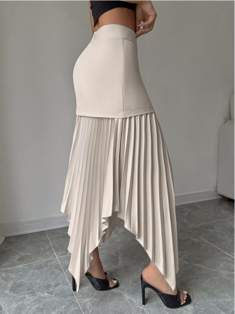 A Spring Season Maxi Skirt Captivating with an Asymmetrical Pleated Hem and Front Buttons, an Elegant Autumn Skirt with a Unique Button Closure and Pressed Pleats – Machine Washable for Casual and Formal Wear in Spring And Summer
