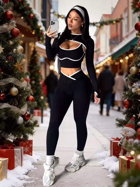 3-Piece Yoga Set with Alluring contrasting colors for women, featuring a vest, a pullover long-sleeved shawl and belt-cinching and hip-lifting long pants, is a exercise and fitness running set