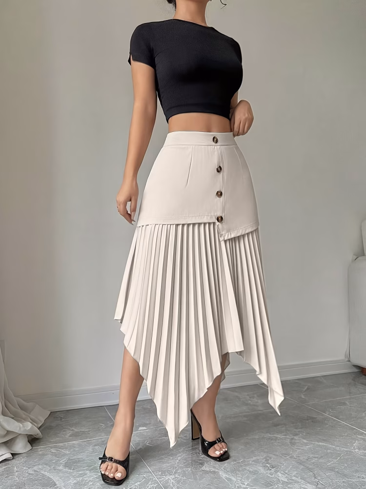 A Spring Season Maxi Skirt Captivating with an Asymmetrical Pleated Hem and Front Buttons, an Elegant Autumn Skirt with a Unique Button Closure and Pressed Pleats – Machine Washable for Casual and Formal Wear in Spring And Summer