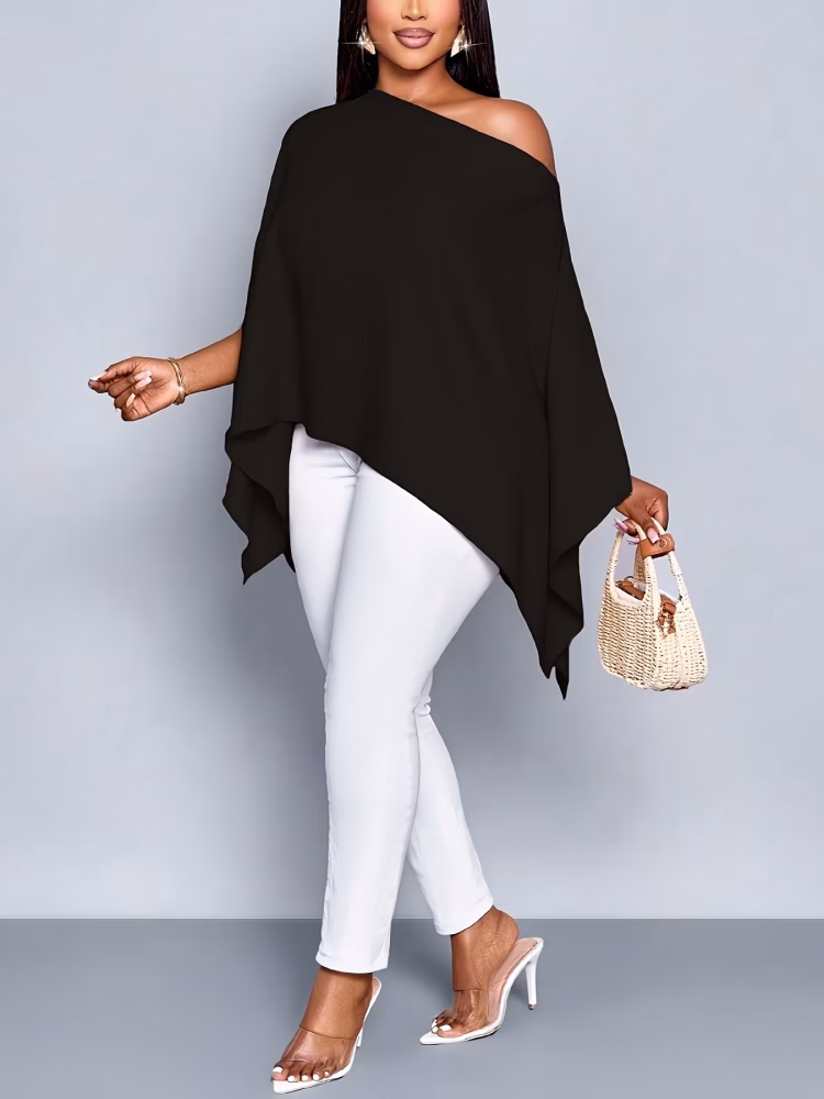 Fashionable Plus Size One‑Shoulder Blouse Featuring Cape Sleeve Detail and Asymmetrical Hemline