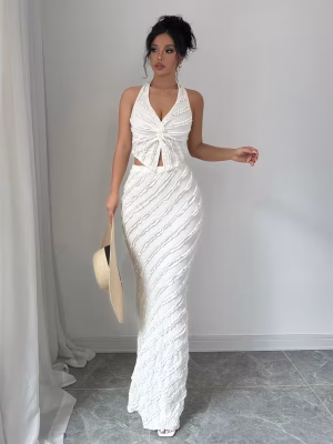 Mermaid Maxi Dress Set Women Elegant Two‑Piece featuring a Sleeveless V‑Neck Twist Halter Top and a Backless, Figure‑Hugging Bodycon Skirt a stunning, sculpted silhouette perfect for nights out, celebrations, and elevated events.