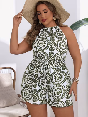 Floral Bodysuit Women Plus Size Spring & Summer Captivating Sleeveless 1 Piece Elegant Floral Print Design with Wide‑Leg Flow, non‑Stretch Draping Fabric, Chic Tie‑Back Detail, and Effortless Casual Summer Style for Vacations, Brunch, and Warm‑Weather Outings