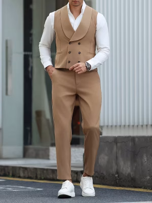 Business Suit Vest & Pants Set Men Elegant Solid