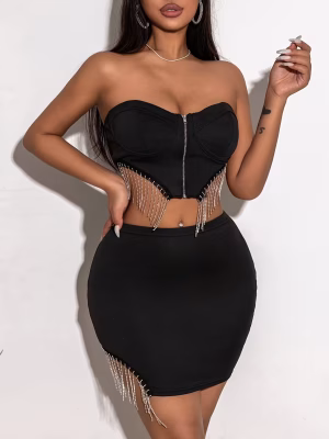 Sexy Black Tassel Chain Corset Top & Mini Skirt Set Off-Shoulder, Ruched Waist, Fringe Detail, Stretchy Polyester Blend, All-Season Wear, Tight Fitted Skirt