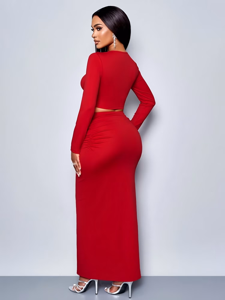 2/Pcs Set Top and Skirt for Women Sexy Elegant Two‑Piece with Square Neck, Long Sleeves & Front‑Tie Butterfly Dress, Ideal for Parties & Event