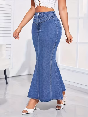 Flared Denim Maxi Skirt for Women Stylish High‑Waisted Attractive