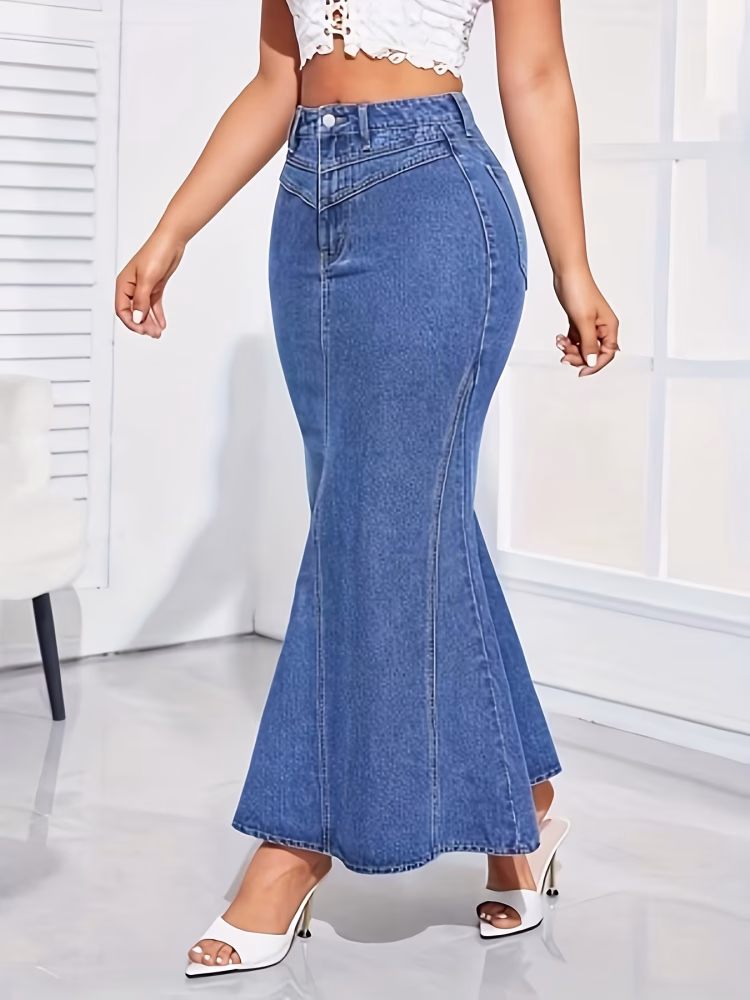 Flared Denim Maxi Skirt for Women Stylish High‑Waisted Attractive