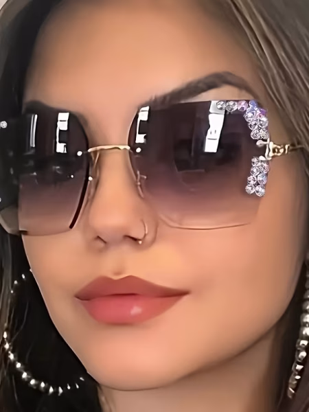 Rimless Square Fashionable Women Glasses with a Starry Design, featuring a Shape and Embellished with Glitter and Rhinestones.