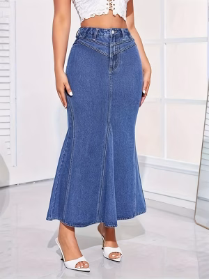 Flared Denim Maxi Skirt for Women Stylish High‑Waisted Attractive
