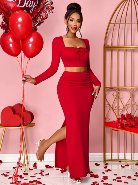 2/Pcs Set Top and Skirt for Women Sexy Elegant Two‑Piece with Square Neck, Long Sleeves & Front‑Tie Butterfly Dress, Ideal for Parties & Event