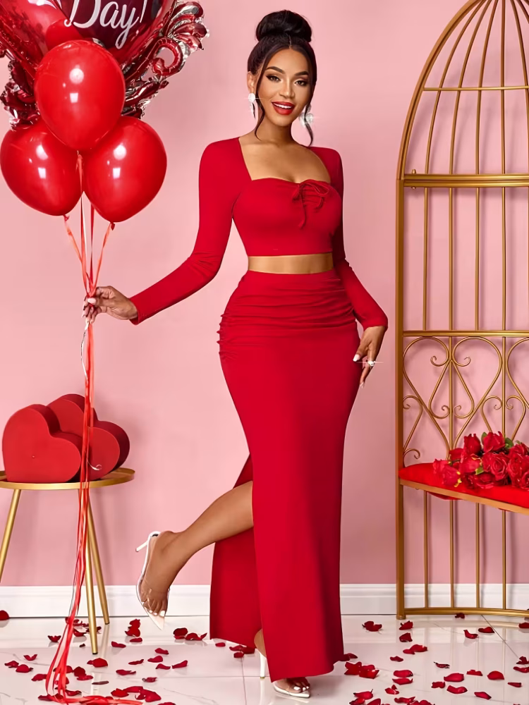 2/Pcs Set Top and Skirt for Women Sexy Elegant Two‑Piece with Square Neck, Long Sleeves & Front‑Tie Butterfly Dress, Ideal for Parties & Event