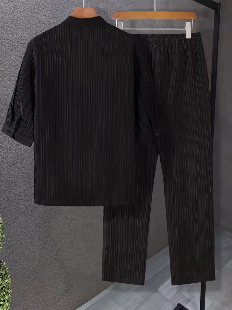 Monk Collar Shirt and Pants Set Short Sleeve Comfortable Men’s Solid Color Spring/Summer Casual, Sporty Casual Attire, Casual Summer Outfit, Shirt And Pants Combo, Solid Color Design, Minimalist Aesthetic, Structured Material, Non-Stretch Fabric, Summer Wardrobe Essential, Adult Male Clothing