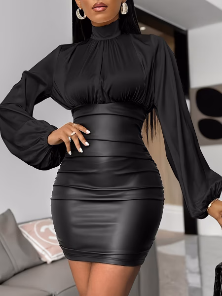 Elegant Women Mini Dress with Patch Pleats Color Blocked and Loose Fitting Long Sleeves, Business Dress.