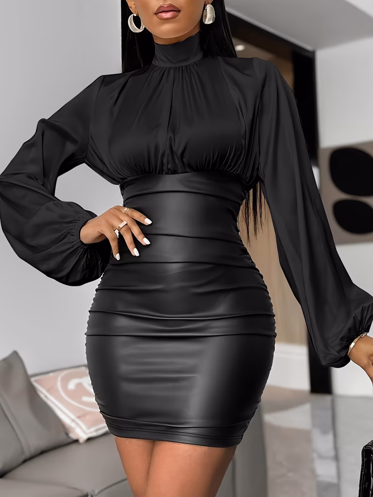 Elegant Women Mini Dress with Patch Pleats Color Blocked and Loose Fitting Long Sleeves, Business Dress.