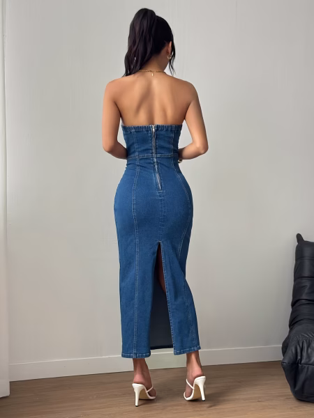 Stretchy Maxi Dress Slim Fit Strapless Attractive High-Waisted Denim with Back Slit