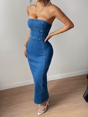 Stretchy Maxi Dress Slim Fit Strapless Attractive High-Waisted Denim with Back Slit