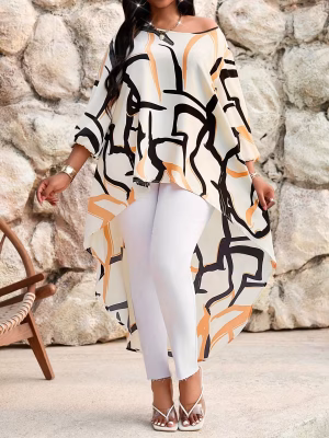 Plus Size Women Printed Blouse Casual Elegant Summer Shirt with Asymmetrical Hem Soft, Airy, and Gracefully Draped Top Designed to Enhance Curves and Add Sophisticated Warm‑Weather Charm