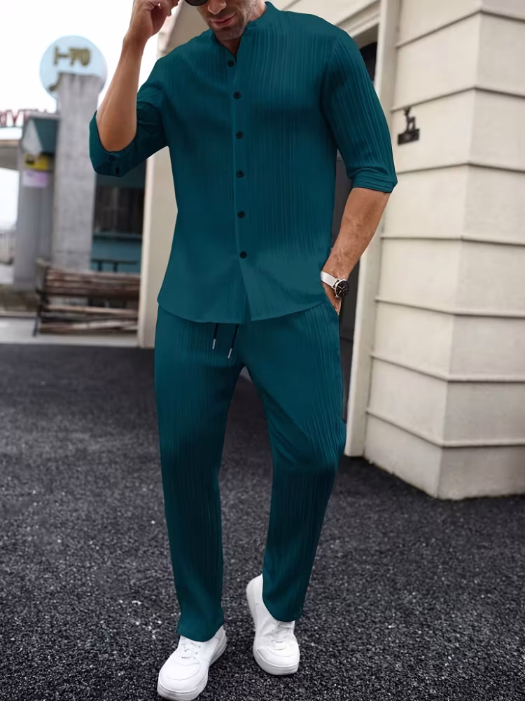Monk Collar Shirt and Pants Set Short Sleeve Comfortable Men’s Solid Color Spring/Summer Casual, Sporty Casual Attire, Casual Summer Outfit, Shirt And Pants Combo, Solid Color Design, Minimalist Aesthetic, Structured Material, Non-Stretch Fabric, Summer Wardrobe Essential, Adult Male Clothing