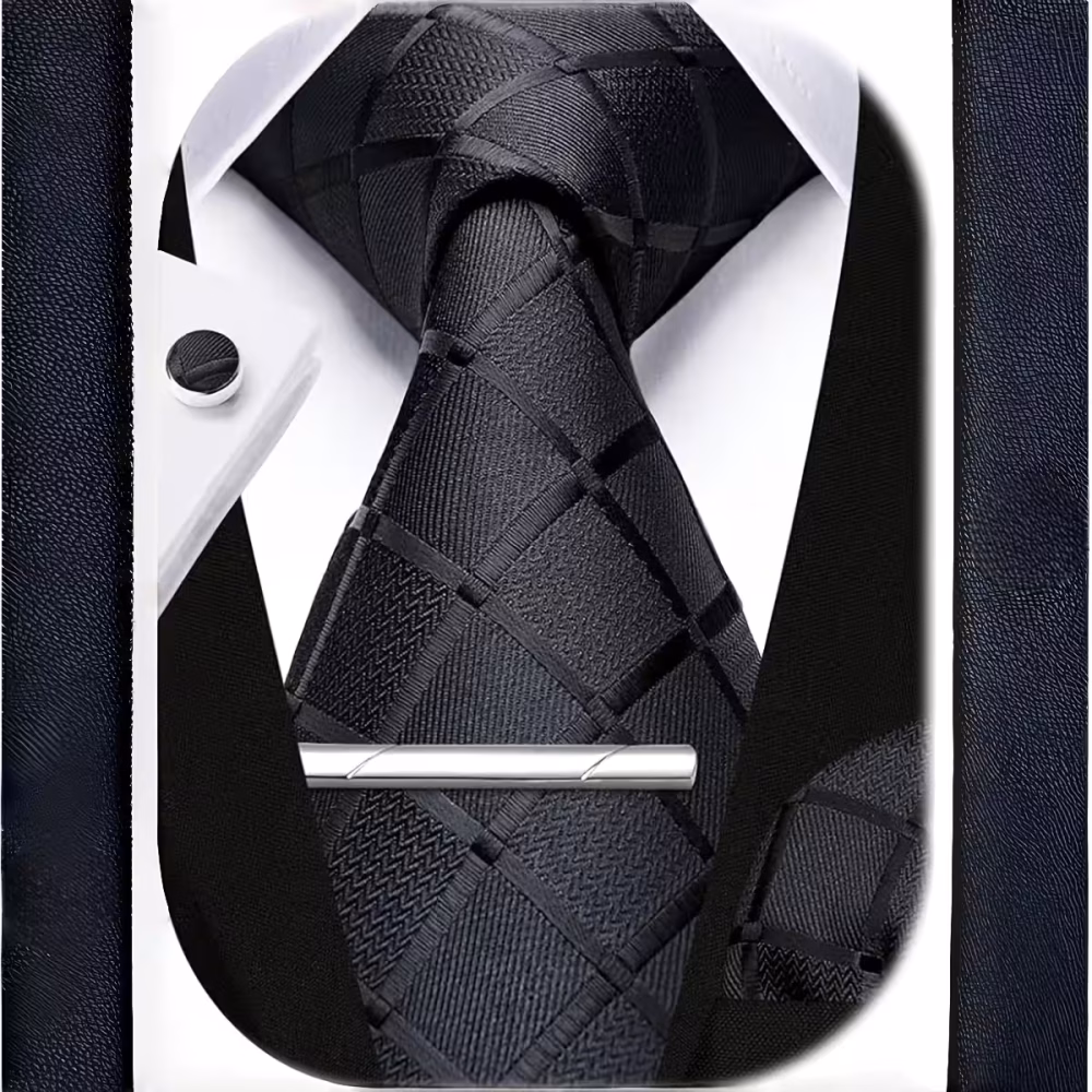Luxury Men 4‑Piece Plaid Necktie Set Captivating Simple & Elegant