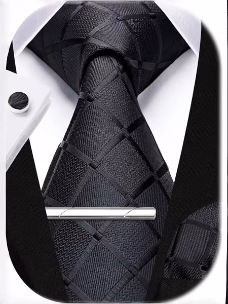 Luxury Men 4‑Piece Plaid Necktie Set Captivating Simple & Elegant